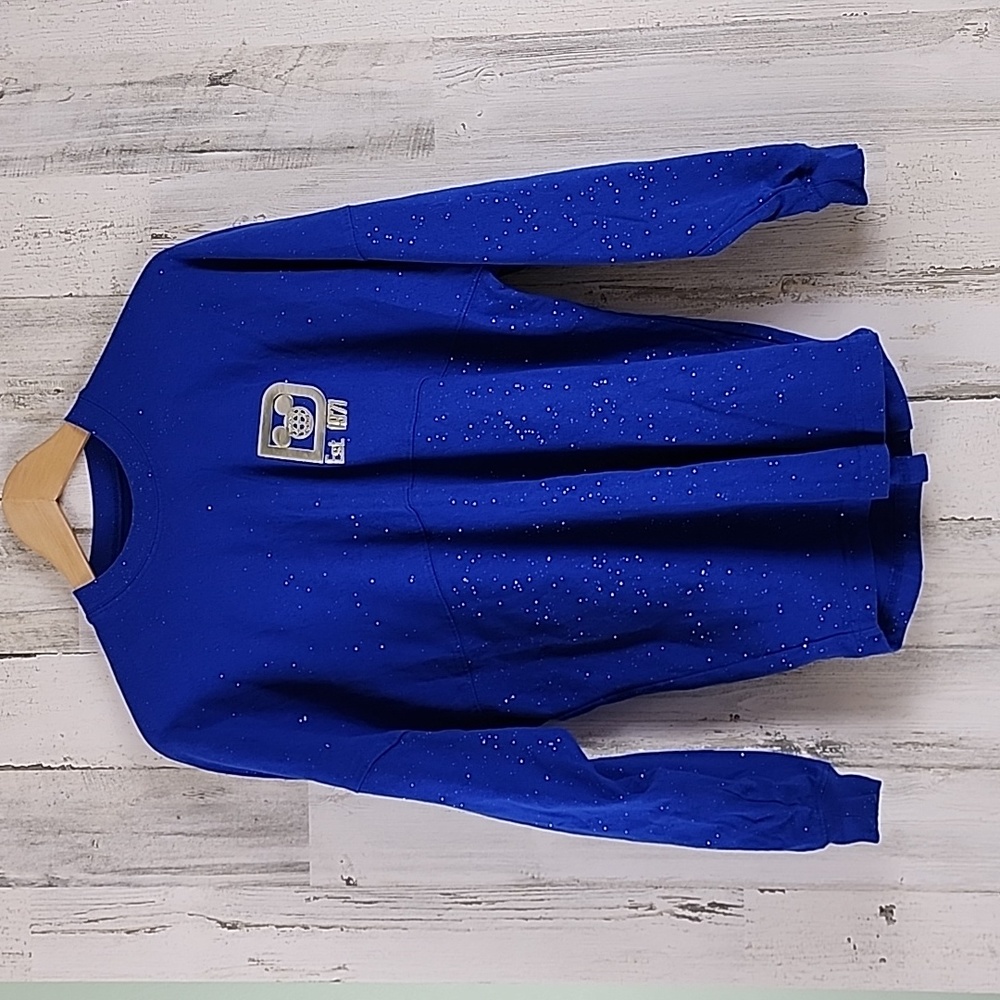 Disney authentic Spirit Jersey royal blue silver glitter emblem top Size Small
